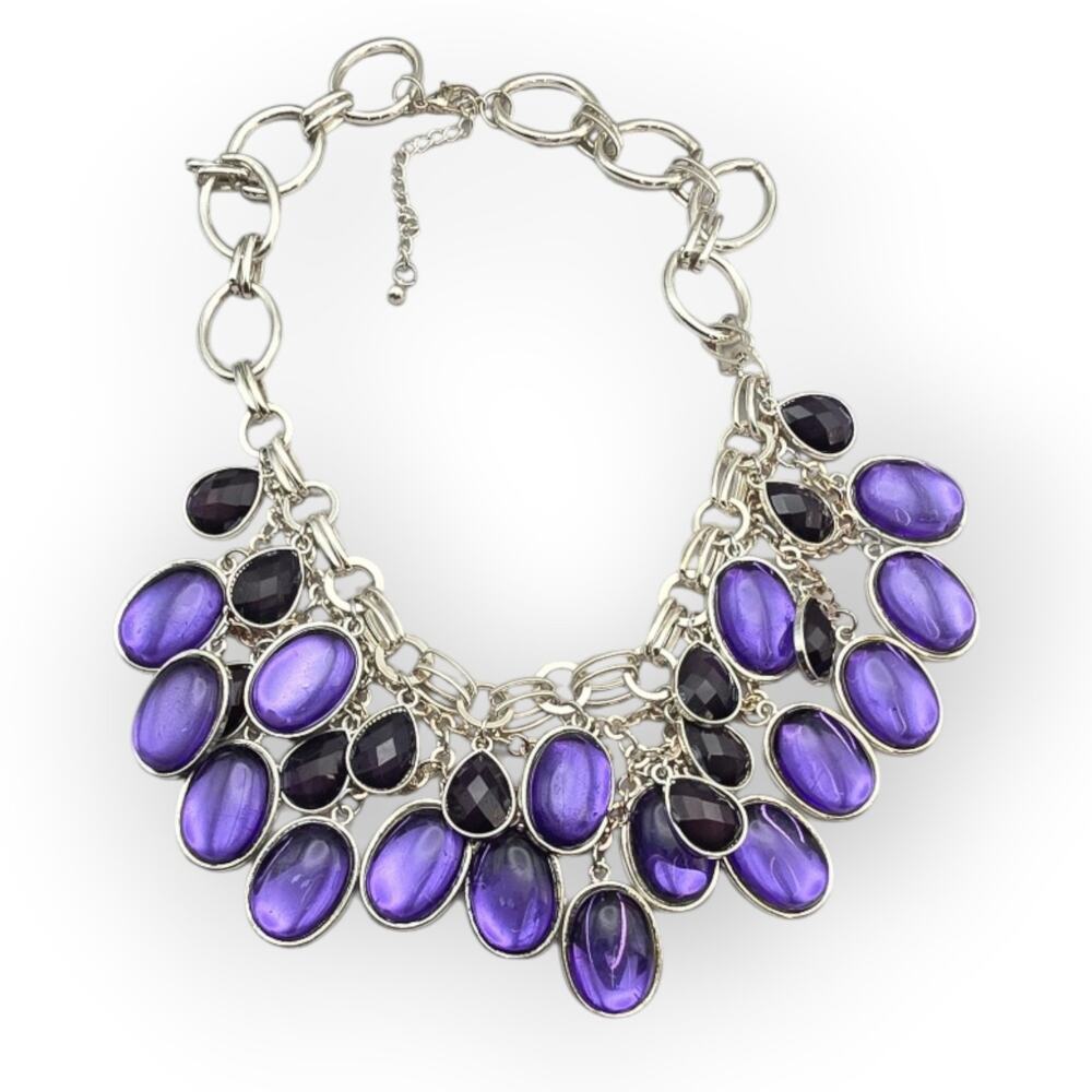 Amethyst Purple Drop Cluster Necklace Silver Chain Gothic Romantic Dramatic